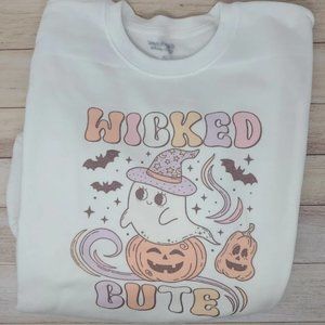 Women Wicked Cute Ghost Pumpkin Halloween Long Sleeve White Sweatshirt Size XL